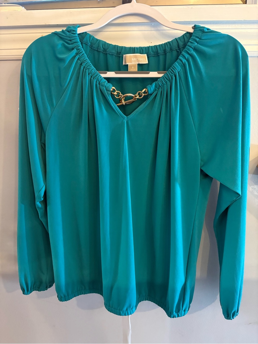 Michael Kors Teal Long-Sleeve Blouse with Gold Chain Detail